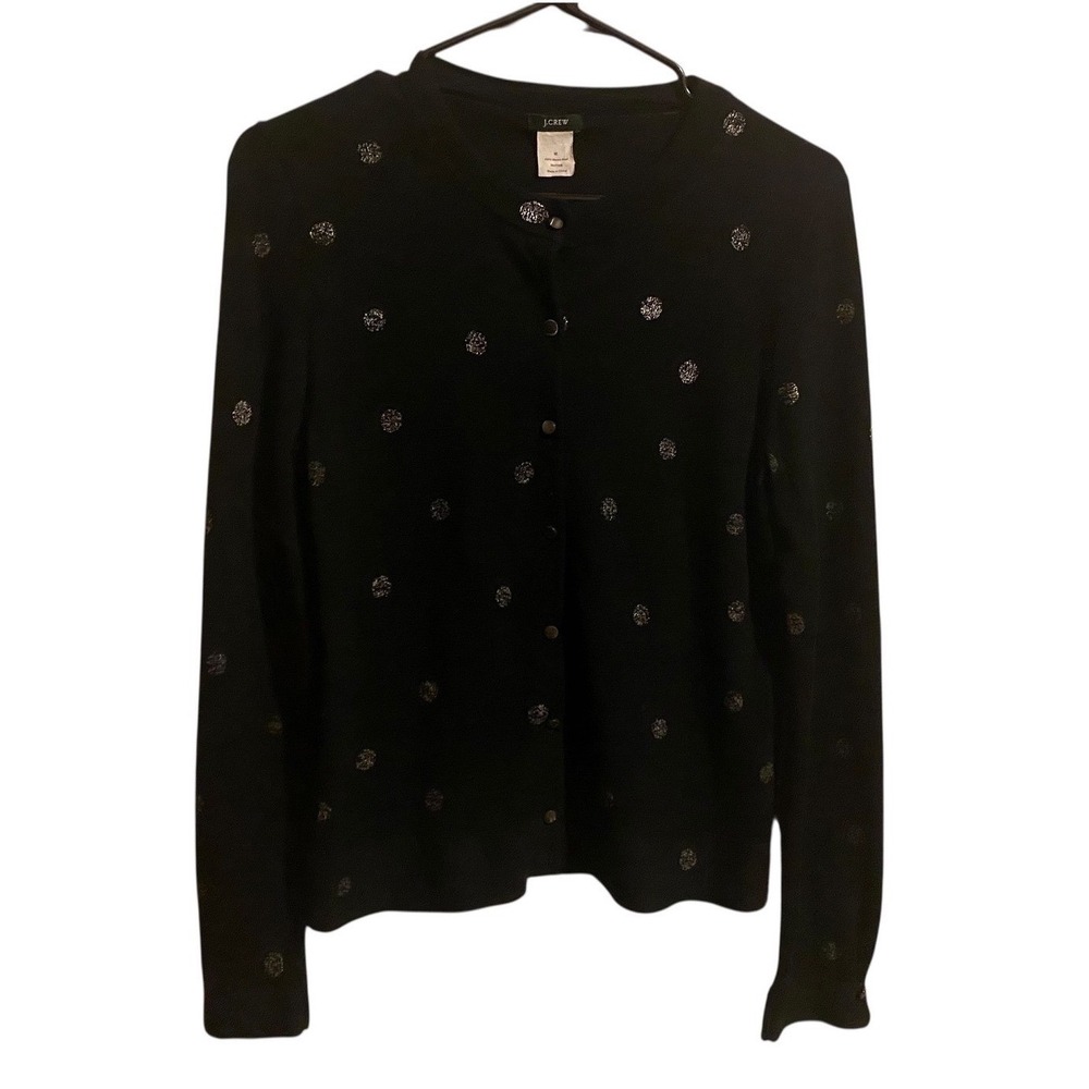 J Crew Black Merino Wool Cardigan Sweater Rhinestone Embellished Women's Medium